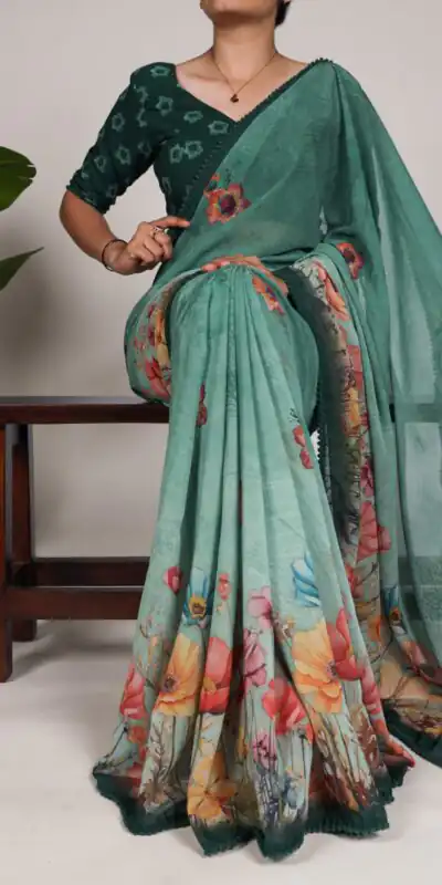 Green Georgette Floral Saree | Sarees, Bollywood Sarees, Creative Sarees, Designer Sarees, Embroidered Sarees, Ethnic Saree, Modern Digital sarees, Party Wear Sarees