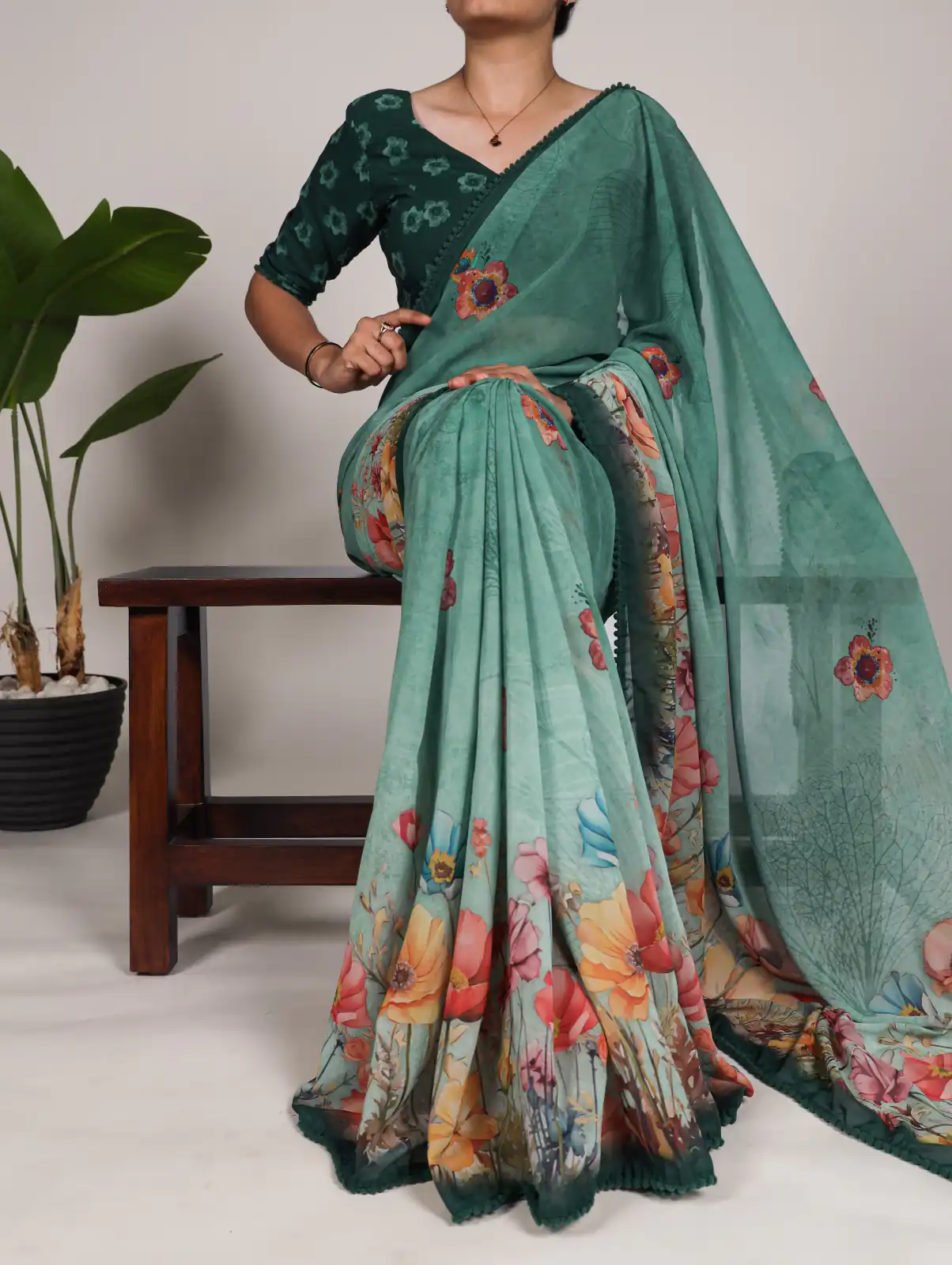 Green Georgette Floral Saree | Sarees, Bollywood Sarees, Creative Sarees, Designer Sarees, Embroidered Sarees, Ethnic Saree, Modern Digital sarees, Party Wear Sarees