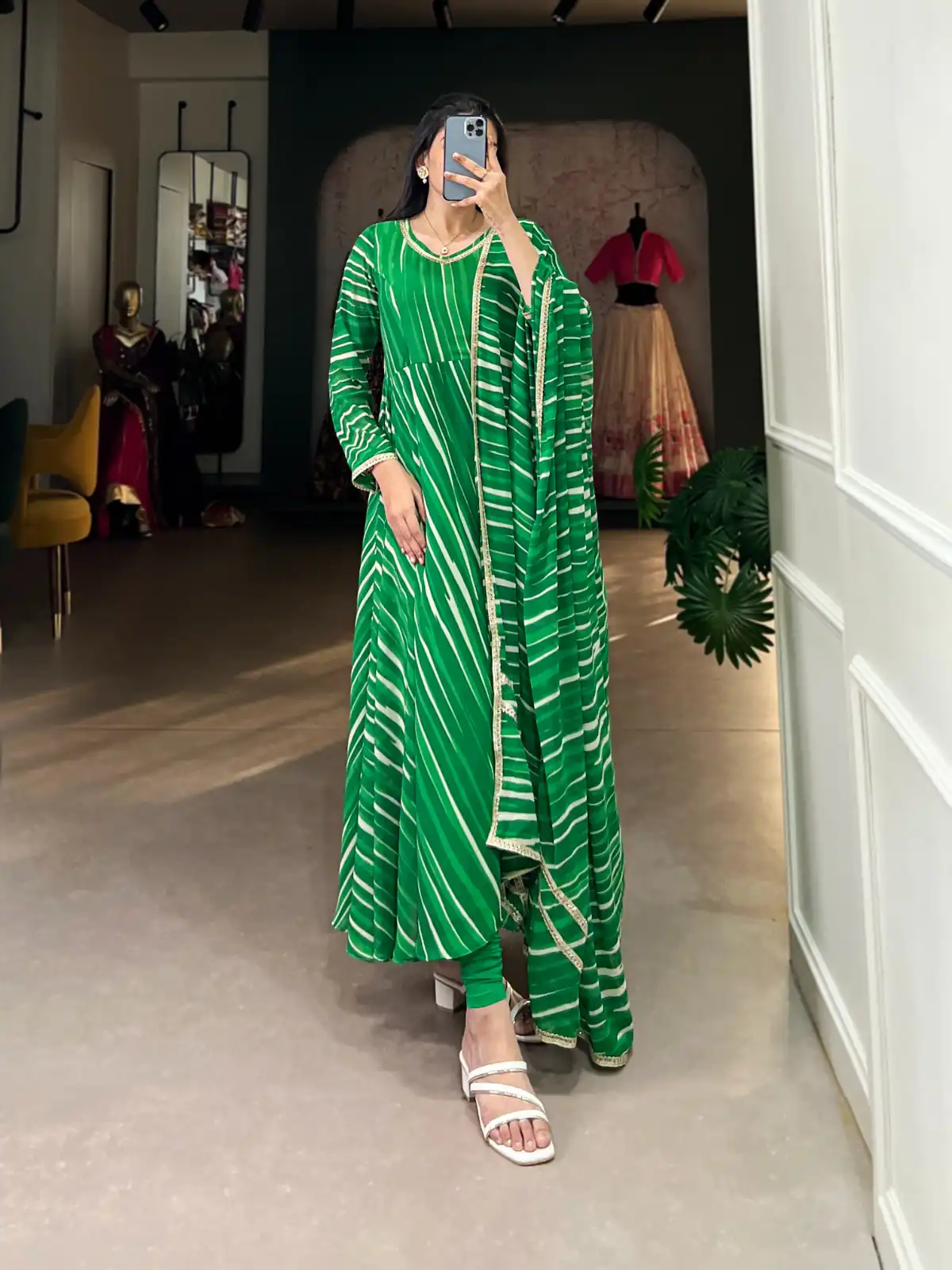 Green Georgette Leheriya Gown | Gowns, Bollywood Gowns, Creative Gowns, Designer Gowns, Embroidered Gowns, Party Wear Gowns