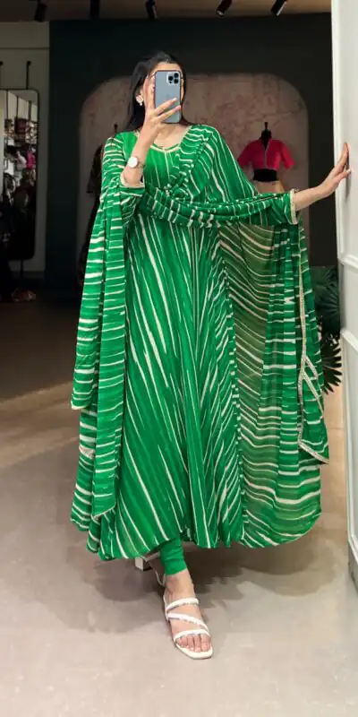 Green Georgette Leheriya Gown | Gowns, Bollywood Gowns, Creative Gowns, Designer Gowns, Embroidered Gowns, Party Wear Gowns