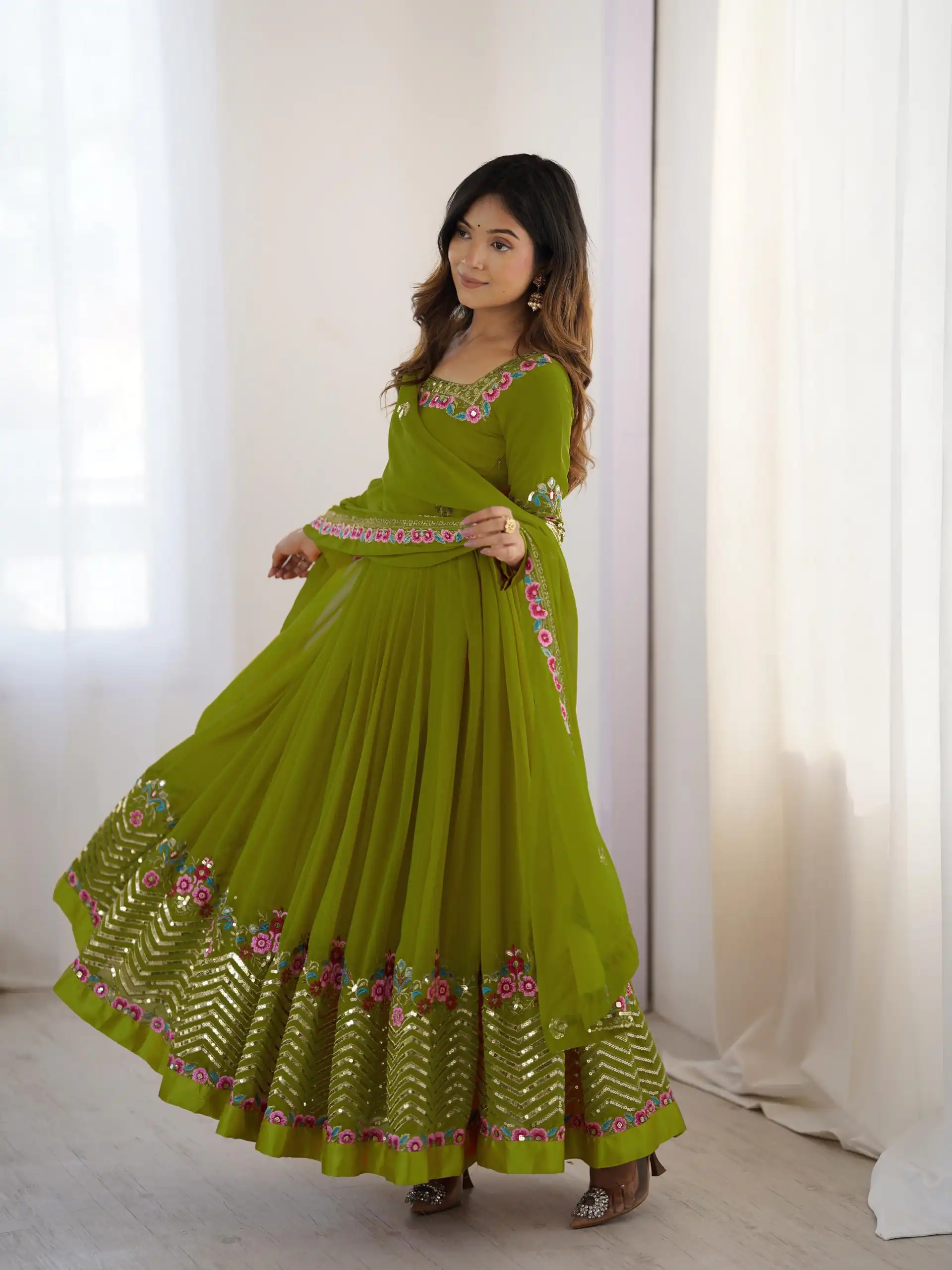 Green Georgette Multi Thread Work Gown | Jump Suits, Salwar suit, Casual Suits, Creative suits, Designer Suits, Palazzo Suits, Party Wear Suits, Patiala Suits, Straight Suits
