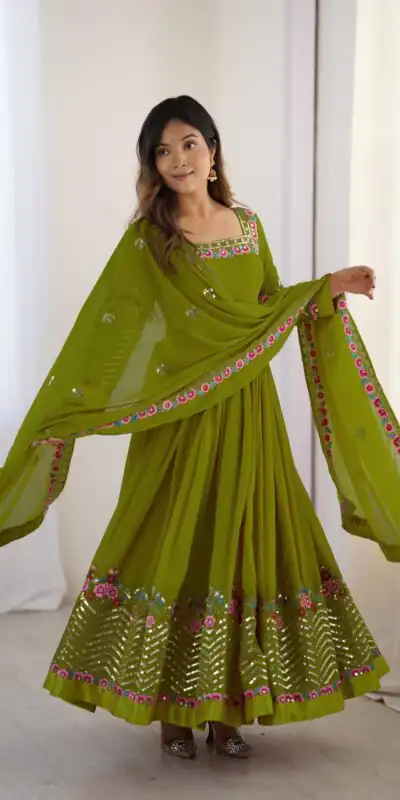 Green Georgette Multi Thread Work Gown | Jump Suits, Salwar suit, Casual Suits, Creative suits, Designer Suits, Palazzo Suits, Party Wear Suits, Patiala Suits, Straight Suits