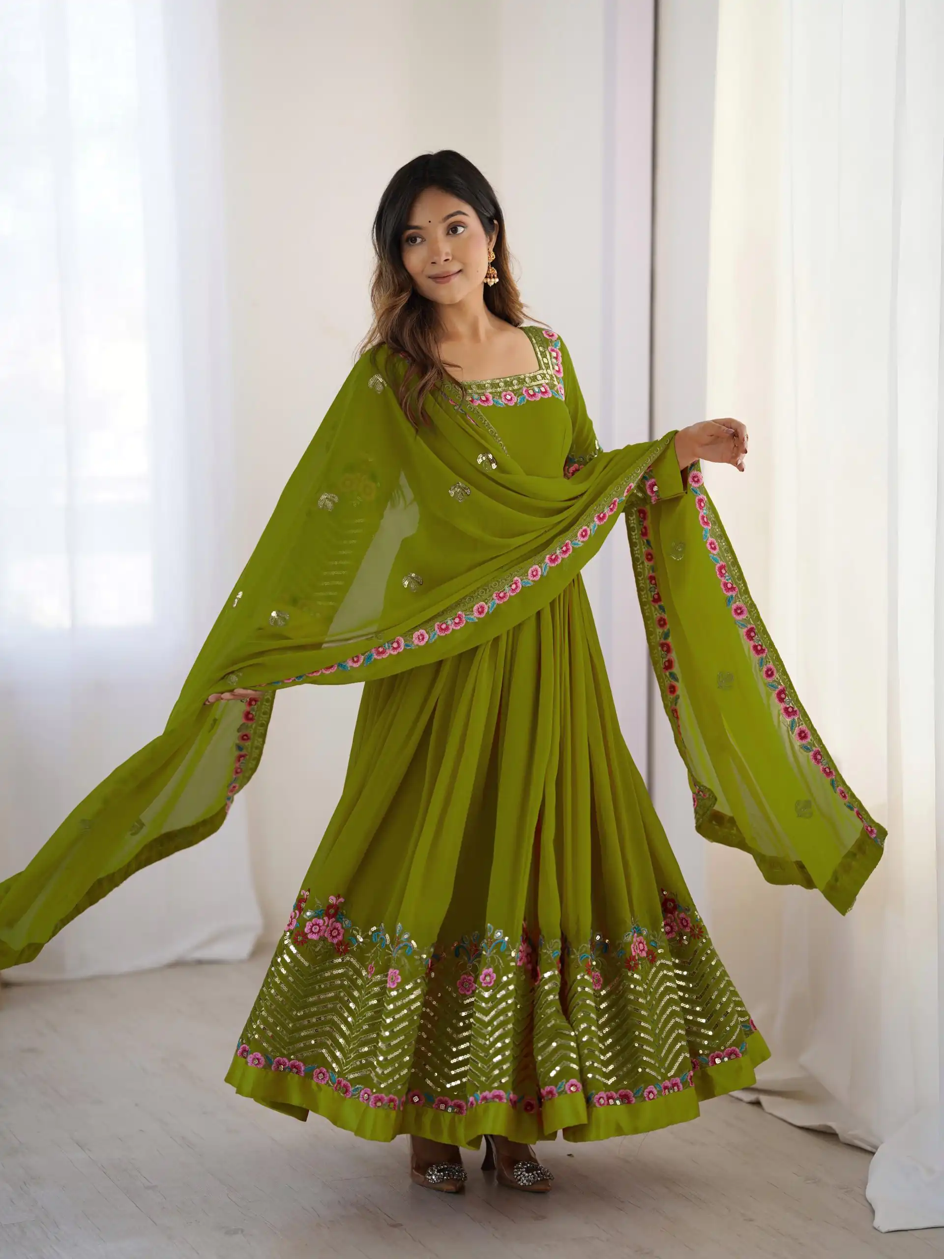 Green Georgette Multi Thread Work Gown | Jump Suits, Salwar suit, Casual Suits, Creative suits, Designer Suits, Palazzo Suits, Party Wear Suits, Patiala Suits, Straight Suits