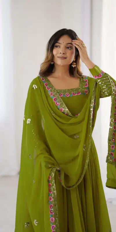 Green Georgette Multi Thread Work Gown | Jump Suits, Salwar suit, Casual Suits, Creative suits, Designer Suits, Palazzo Suits, Party Wear Suits, Patiala Suits, Straight Suits