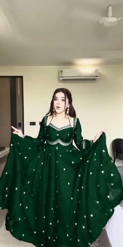 Green Georgette Sequence Gown | Gowns, Bollywood Gowns, Creative Gowns, Designer Gowns, Embroidered Gowns, Party Wear Gowns