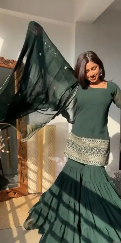 Green Georgette Thread Sequence Salwar Suit | Jump Suits, Salwar suit, Casual Suits, Creative suits, Designer Suits, Palazzo Suits, Party Wear Suits, Patiala Suits, Straight Suits
