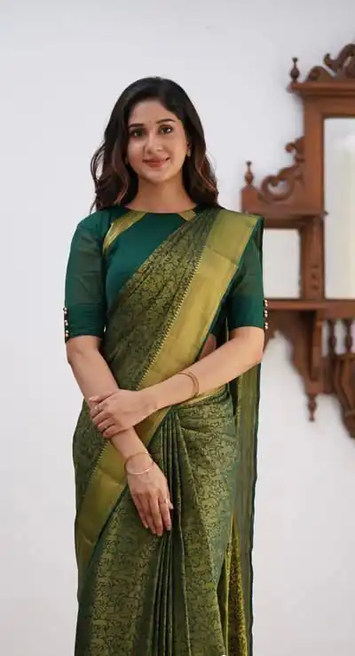 Green Lichi Silk Border Jacquard Work Saree | Sarees, Bollywood Sarees, Creative Sarees, Designer Sarees, Embroidered Sarees, Ethnic Saree, Modern Digital sarees, Party Wear Sarees