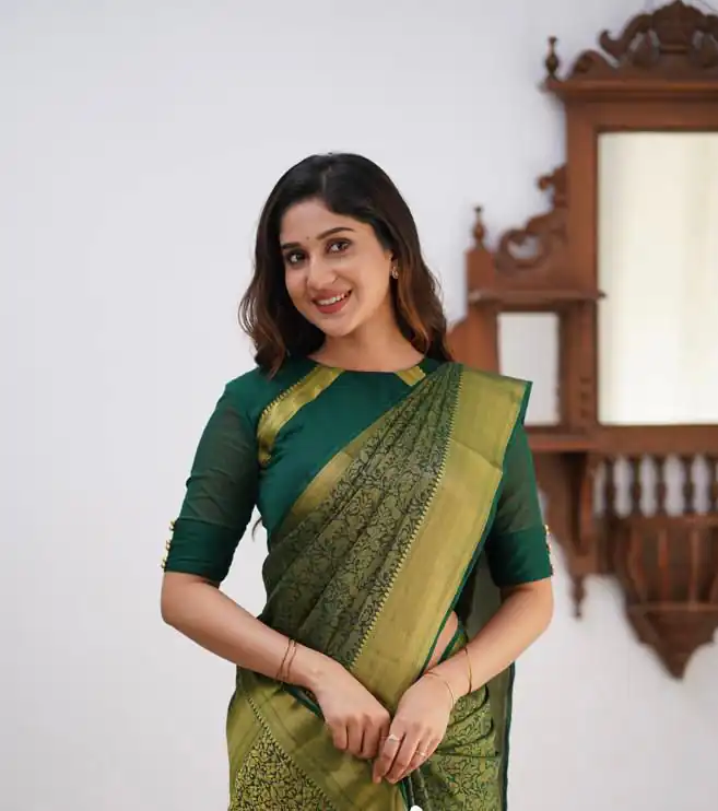 Green Lichi Silk Border Jacquard Work Saree | Sarees, Bollywood Sarees, Creative Sarees, Designer Sarees, Embroidered Sarees, Ethnic Saree, Modern Digital sarees, Party Wear Sarees