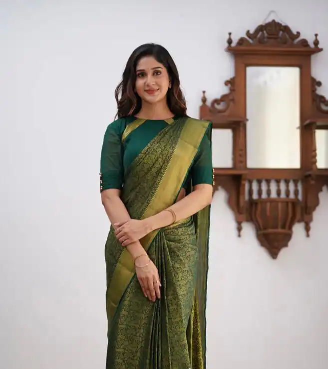 Green Lichi Silk Border Jacquard Work Saree | Sarees, Bollywood Sarees, Creative Sarees, Designer Sarees, Embroidered Sarees, Ethnic Saree, Modern Digital sarees, Party Wear Sarees