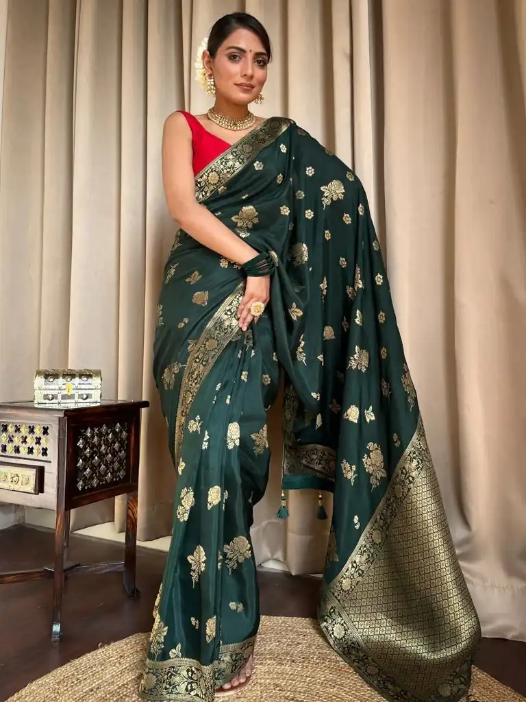 Green Lichi Silk Jacquard Work Saree | Sarees, Bollywood Sarees, Creative Sarees, Designer Sarees, Embroidered Sarees, Ethnic Saree, Modern Digital sarees, Party Wear Sarees