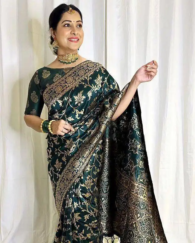 Green Lichi Silk Saree | Sarees, Bollywood Sarees, Creative Sarees, Designer Sarees, Embroidered Sarees, Ethnic Saree, Modern Digital sarees, Party Wear Sarees