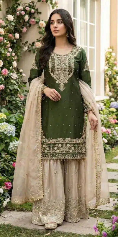 Green Organza Silk Embroidery Lace Work Salwar Suit | Jump Suits, Salwar suit, Casual Suits, Creative suits, Designer Suits, Palazzo Suits, Party Wear Suits, Patiala Suits, Straight Suits