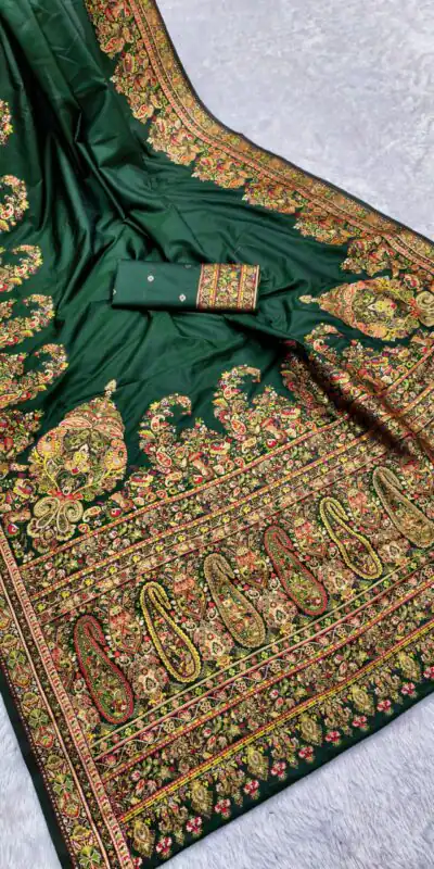 Green Pashmina Silk Woven Motifs Saree | Sarees, Bollywood Sarees, Creative Sarees, Designer Sarees, Embroidered Sarees, Ethnic Saree, Modern Digital sarees, Party Wear Sarees