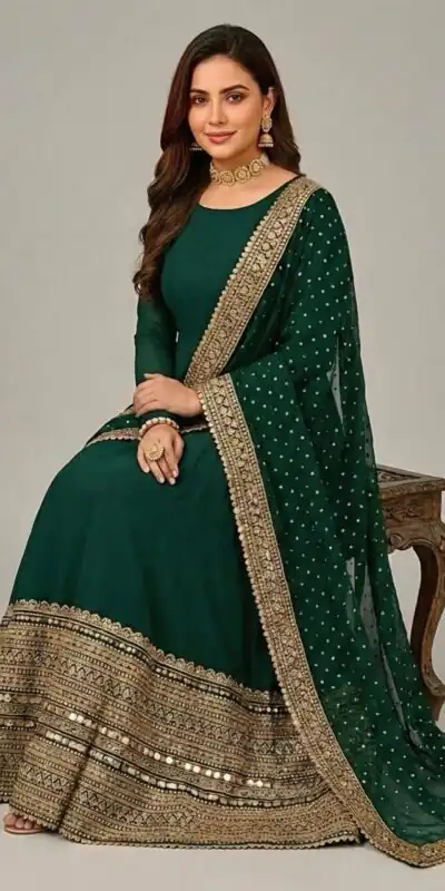 Green Roman Silk Embroidery Lace Work Gown | Gowns, Bollywood Gowns, Creative Gowns, Designer Gowns, Embroidered Gowns, Party Wear Gowns