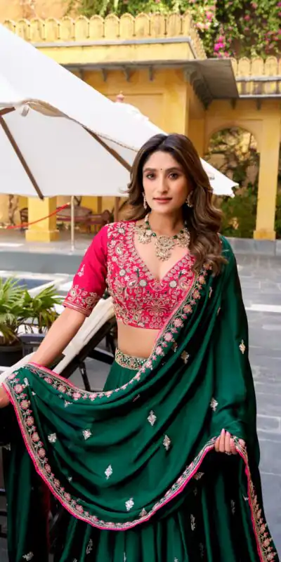 Green Silk Satin Sequins Work Lehenga Choli | Lehenga, Bollywood Lehenga, Creative Lehenga, Designer Lehenga, Embroidered Lehenga, Party Wear Lehenga