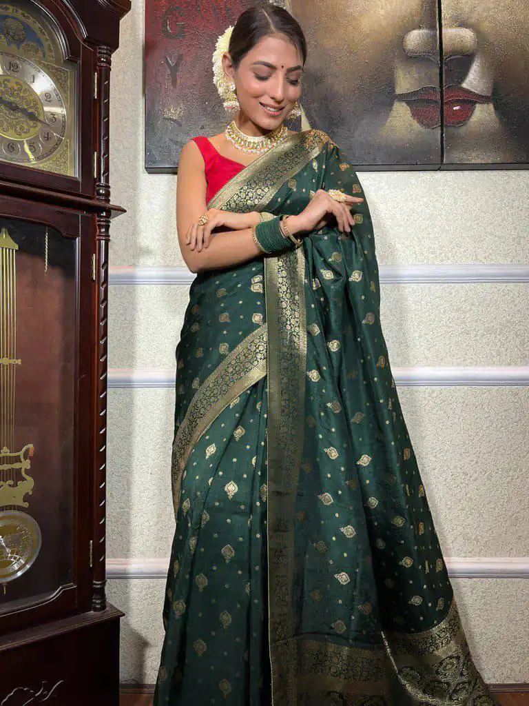 Green Soft Lichi Silk Border Jacquard Work Saree | Sarees, Bollywood Sarees, Creative Sarees, Designer Sarees, Embroidered Sarees, Ethnic Saree, Modern Digital sarees, Party Wear Sarees