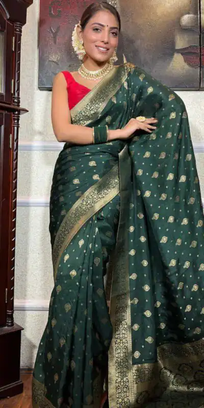 Green Soft Lichi Silk Border Jacquard Work Saree | Sarees, Bollywood Sarees, Creative Sarees, Designer Sarees, Embroidered Sarees, Ethnic Saree, Modern Digital sarees, Party Wear Sarees