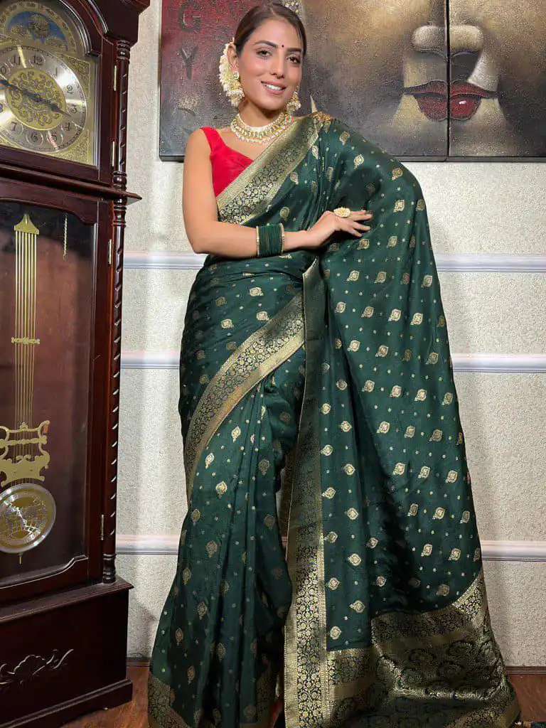 Green Soft Lichi Silk Border Jacquard Work Saree | Sarees, Bollywood Sarees, Creative Sarees, Designer Sarees, Embroidered Sarees, Ethnic Saree, Modern Digital sarees, Party Wear Sarees
