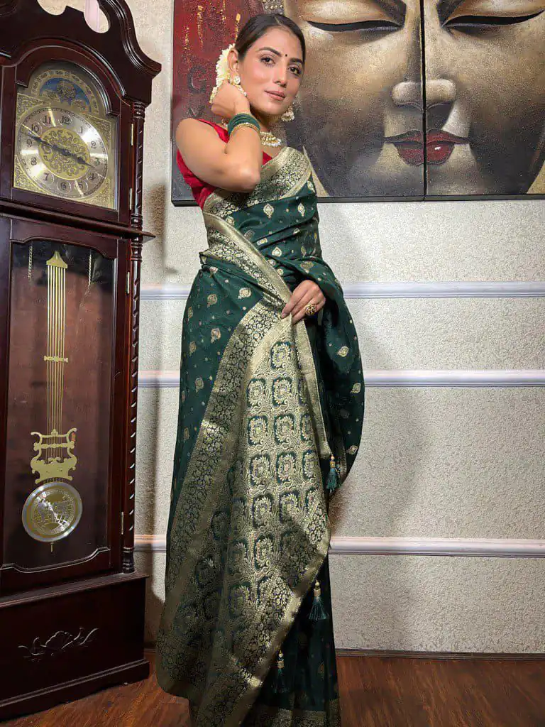 Green Soft Lichi Silk Border Jacquard Work Saree | Sarees, Bollywood Sarees, Creative Sarees, Designer Sarees, Embroidered Sarees, Ethnic Saree, Modern Digital sarees, Party Wear Sarees