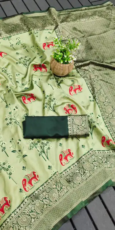Green Soft Lichi Silk Jacquard Saree | Sarees, Bollywood Sarees, Creative Sarees, Designer Sarees, Embroidered Sarees, Ethnic Saree, Modern Digital sarees, Party Wear Sarees