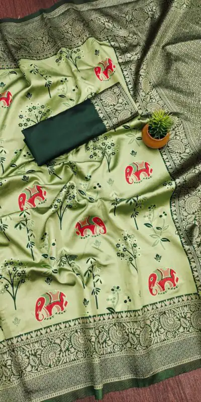 Green Soft Lichi Silk Jacquard Saree | Sarees, Bollywood Sarees, Creative Sarees, Designer Sarees, Embroidered Sarees, Ethnic Saree, Modern Digital sarees, Party Wear Sarees