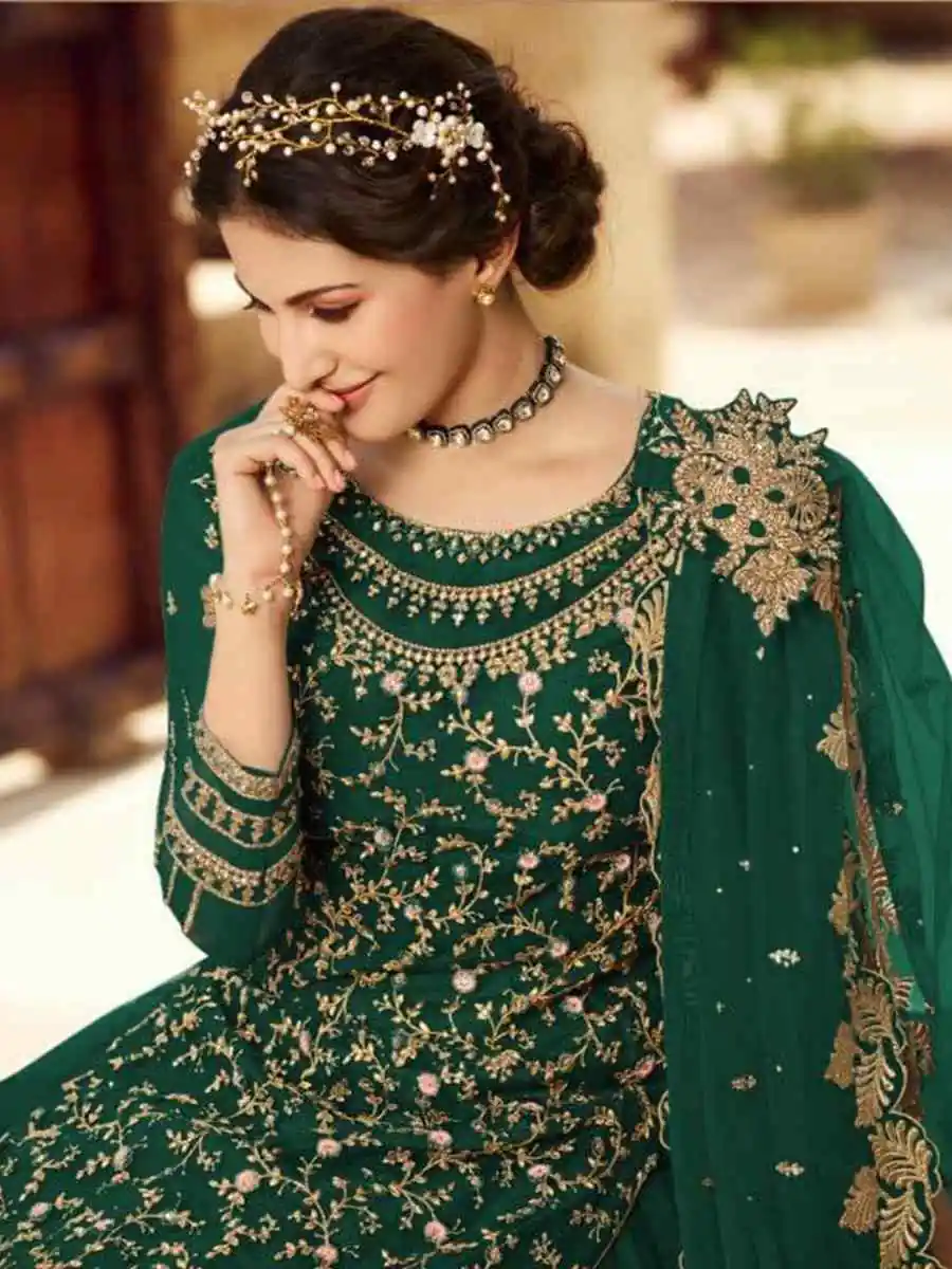 Green Soft Net With Embroidery Work Salwar Suit | Jump Suits, Salwar suit, Casual Suits, Creative suits, Designer Suits, Palazzo Suits, Party Wear Suits, Patiala Suits, Straight Suits