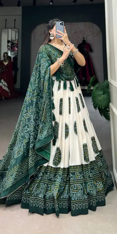 Green Tasar Bandhej Lehenga Choli | Lehenga, Bollywood Lehenga, Creative Lehenga, Designer Lehenga, Embroidered Lehenga, Party Wear Lehenga