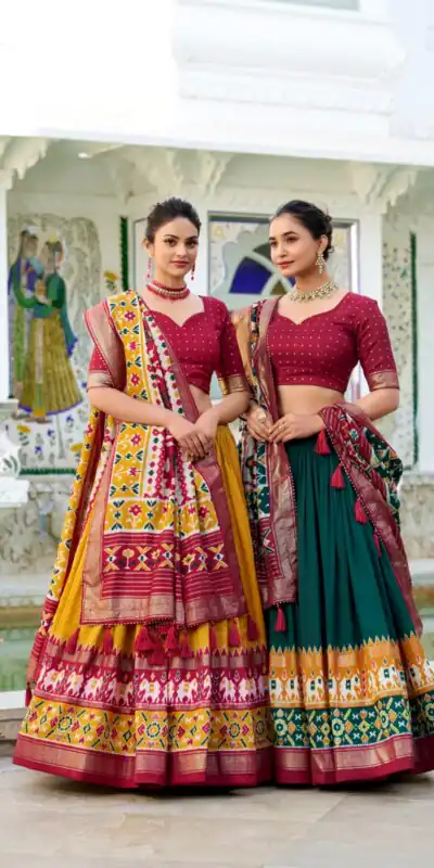 Green Tasar Silk Patola Print Gotta Patti Lehenga Choli | Lehenga, Bollywood Lehenga, Creative Lehenga, Designer Lehenga, Embroidered Lehenga, Party Wear Lehenga