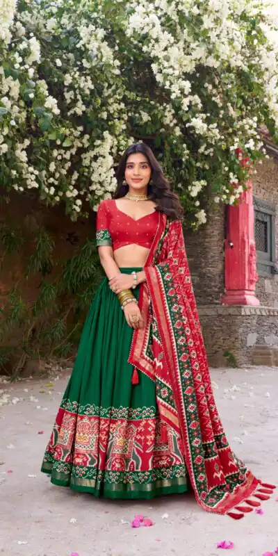 Green Tushar Silk Patola Printed Lehenga Choli | Lehenga, Bollywood Lehenga, Creative Lehenga, Designer Lehenga, Embroidered Lehenga, Party Wear Lehenga