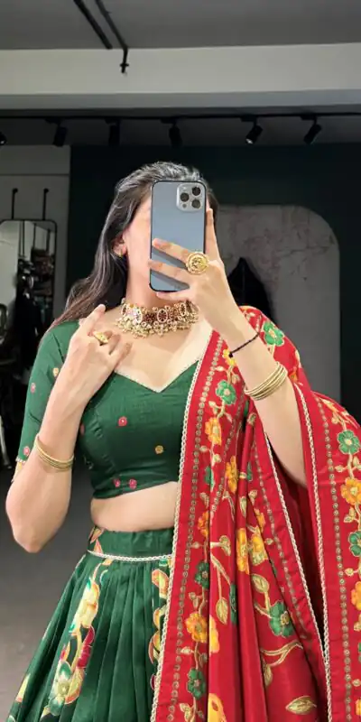 Green Tushar Silk Printed Foil Work Lehenga Choli | Lehenga, Bollywood Lehenga, Creative Lehenga, Designer Lehenga, Embroidered Lehenga, Party Wear Lehenga