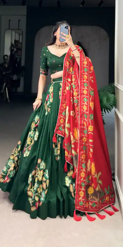 Green Tushar Silk Printed Foil Work Lehenga Choli | Lehenga, Bollywood Lehenga, Creative Lehenga, Designer Lehenga, Embroidered Lehenga, Party Wear Lehenga
