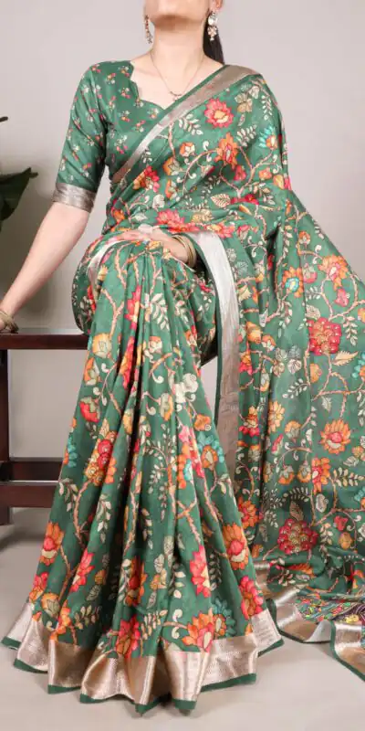 Green Tushar Silk With Viscose Border Printed Saree | Sarees, Bollywood Sarees, Creative Sarees, Designer Sarees, Embroidered Sarees, Ethnic Saree, Modern Digital sarees, Party Wear Sarees