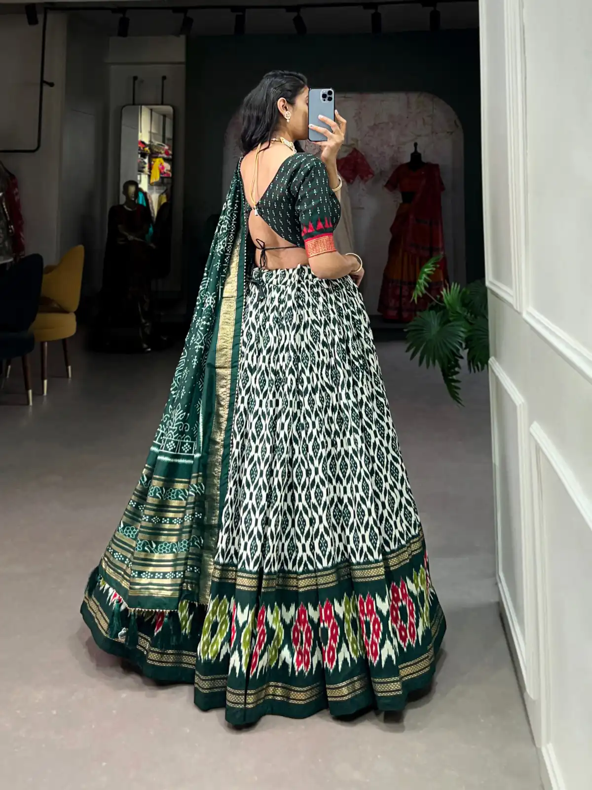 Green Tussar Silk Ikkat Print Foil Work Lehenga Choli | Lehenga, Bollywood Lehenga, Creative Lehenga, Designer Lehenga, Embroidered Lehenga, Party Wear Lehenga