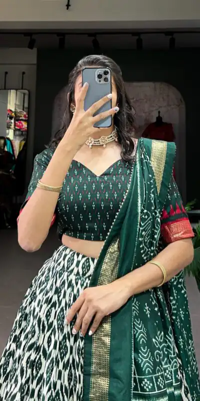 Green Tussar Silk Ikkat Print Foil Work Lehenga Choli | Lehenga, Bollywood Lehenga, Creative Lehenga, Designer Lehenga, Embroidered Lehenga, Party Wear Lehenga