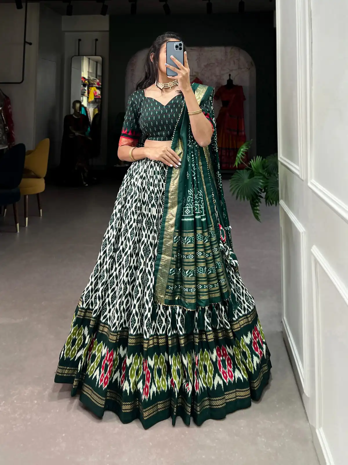 Green Tussar Silk Ikkat Print Foil Work Lehenga Choli | Lehenga, Bollywood Lehenga, Creative Lehenga, Designer Lehenga, Embroidered Lehenga, Party Wear Lehenga