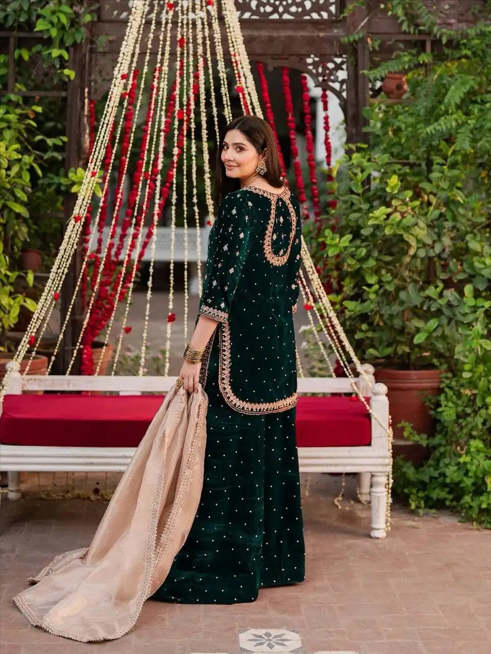 Green Velvet Rivet Moti Hand Work Salwar Suit | Jump Suits, Salwar suit, Casual Suits, Creative suits, Designer Suits, Palazzo Suits, Party Wear Suits, Patiala Suits, Straight Suits