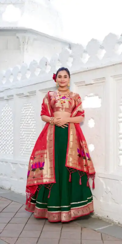 Green Vichitra Paithni Lehenga Choli | Lehenga, Bollywood Lehenga, Creative Lehenga, Designer Lehenga, Embroidered Lehenga, Party Wear Lehenga