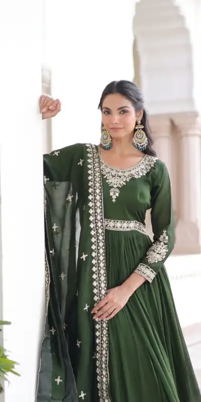 Green Vichitra Silk Embroidery Sequins Work Gown | Gowns, Bollywood Gowns, Creative Gowns, Designer Gowns, Embroidered Gowns, Party Wear Gowns