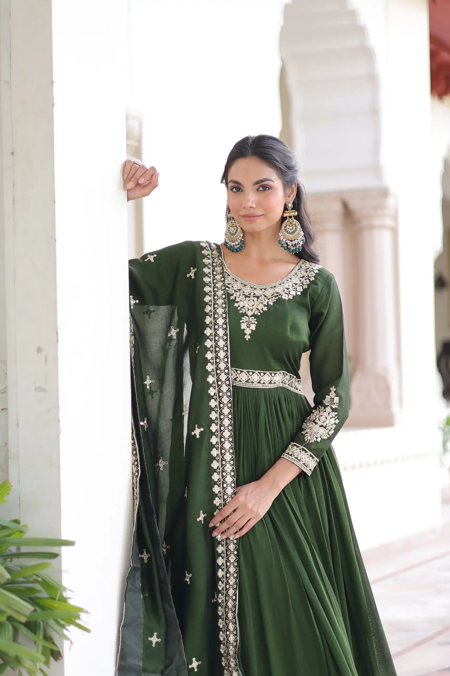 Green Vichitra Silk Embroidery Sequins Work Gown | Gowns, Bollywood Gowns, Creative Gowns, Designer Gowns, Embroidered Gowns, Party Wear Gowns