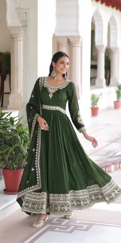 Green Vichitra Silk Embroidery Sequins Work Gown | Gowns, Bollywood Gowns, Creative Gowns, Designer Gowns, Embroidered Gowns, Party Wear Gowns
