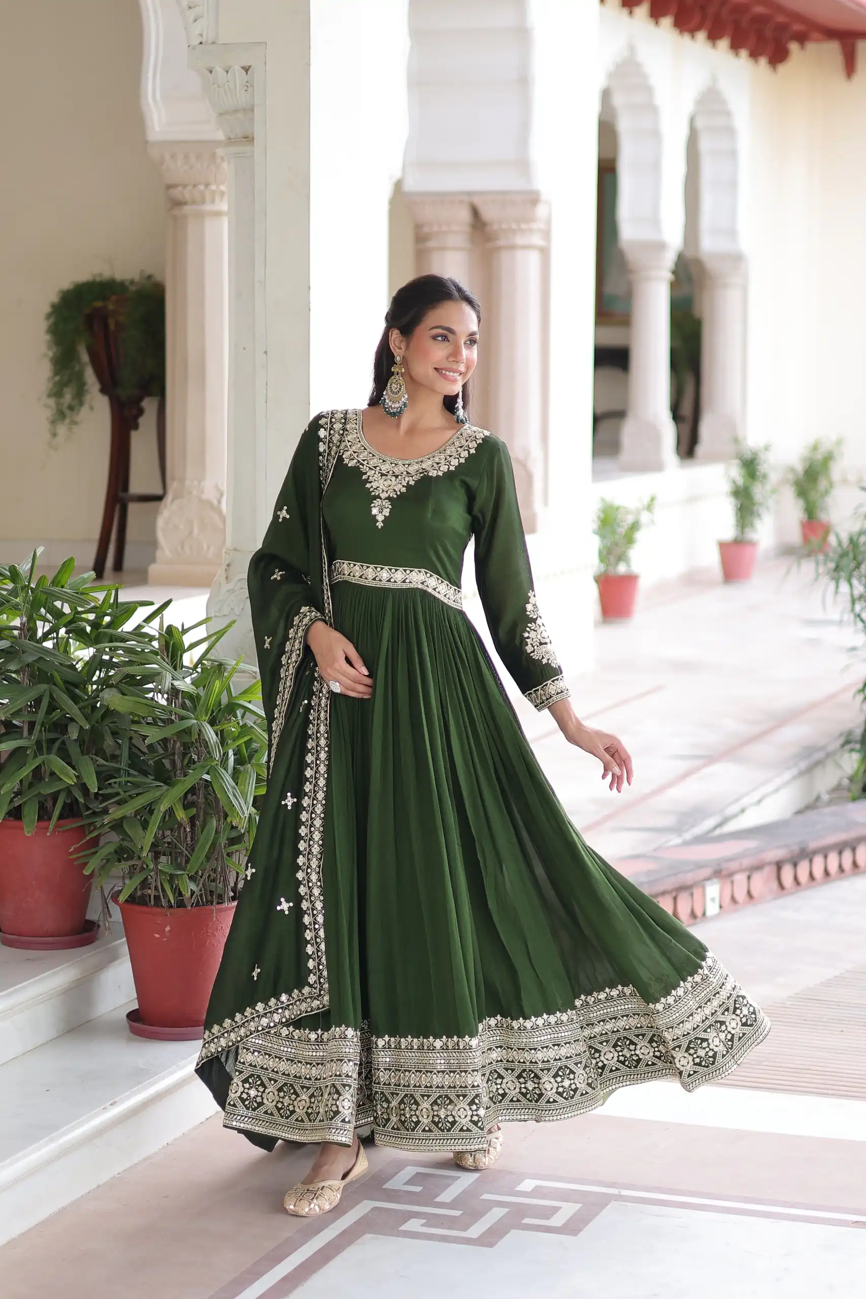 Green Vichitra Silk Embroidery Sequins Work Gown | Gowns, Bollywood Gowns, Creative Gowns, Designer Gowns, Embroidered Gowns, Party Wear Gowns