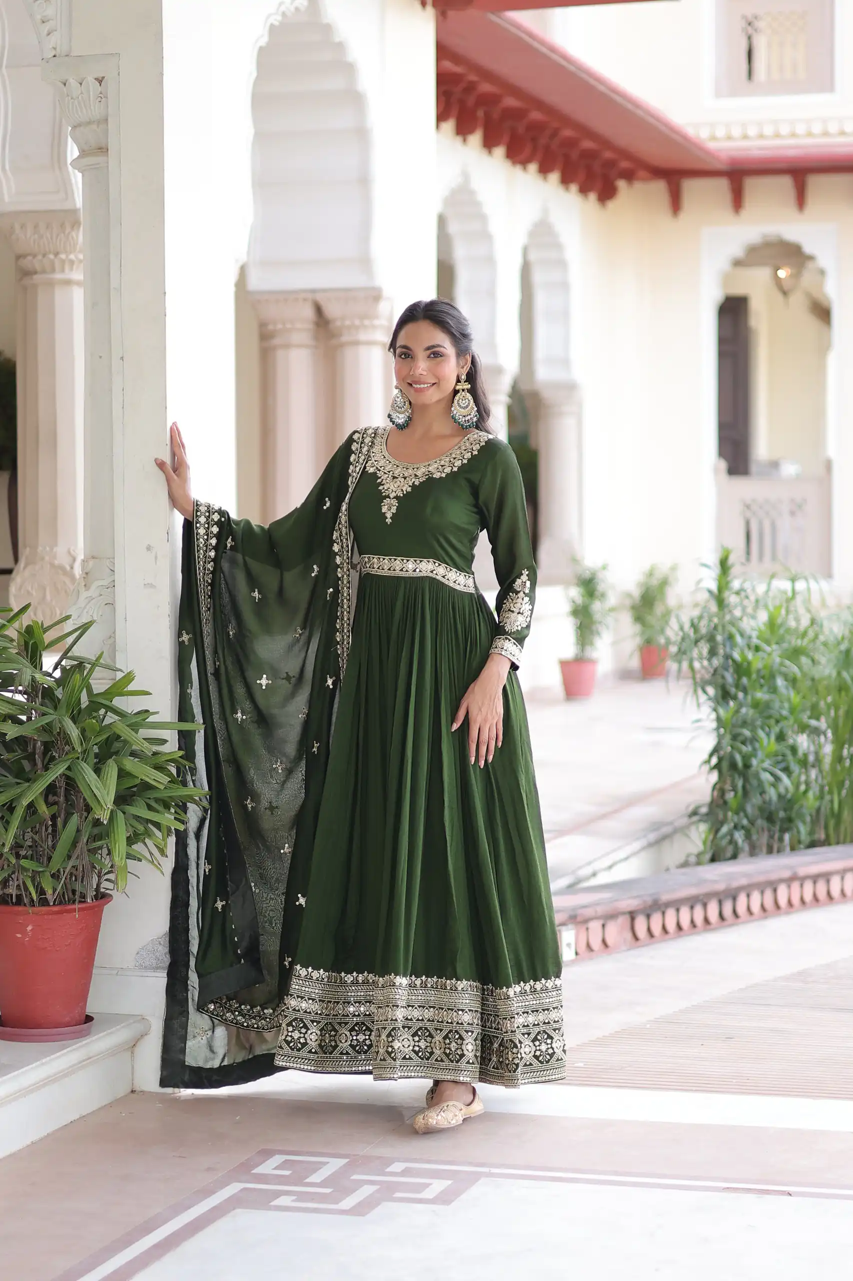 Green Vichitra Silk Embroidery Sequins Work Gown | Gowns, Bollywood Gowns, Creative Gowns, Designer Gowns, Embroidered Gowns, Party Wear Gowns