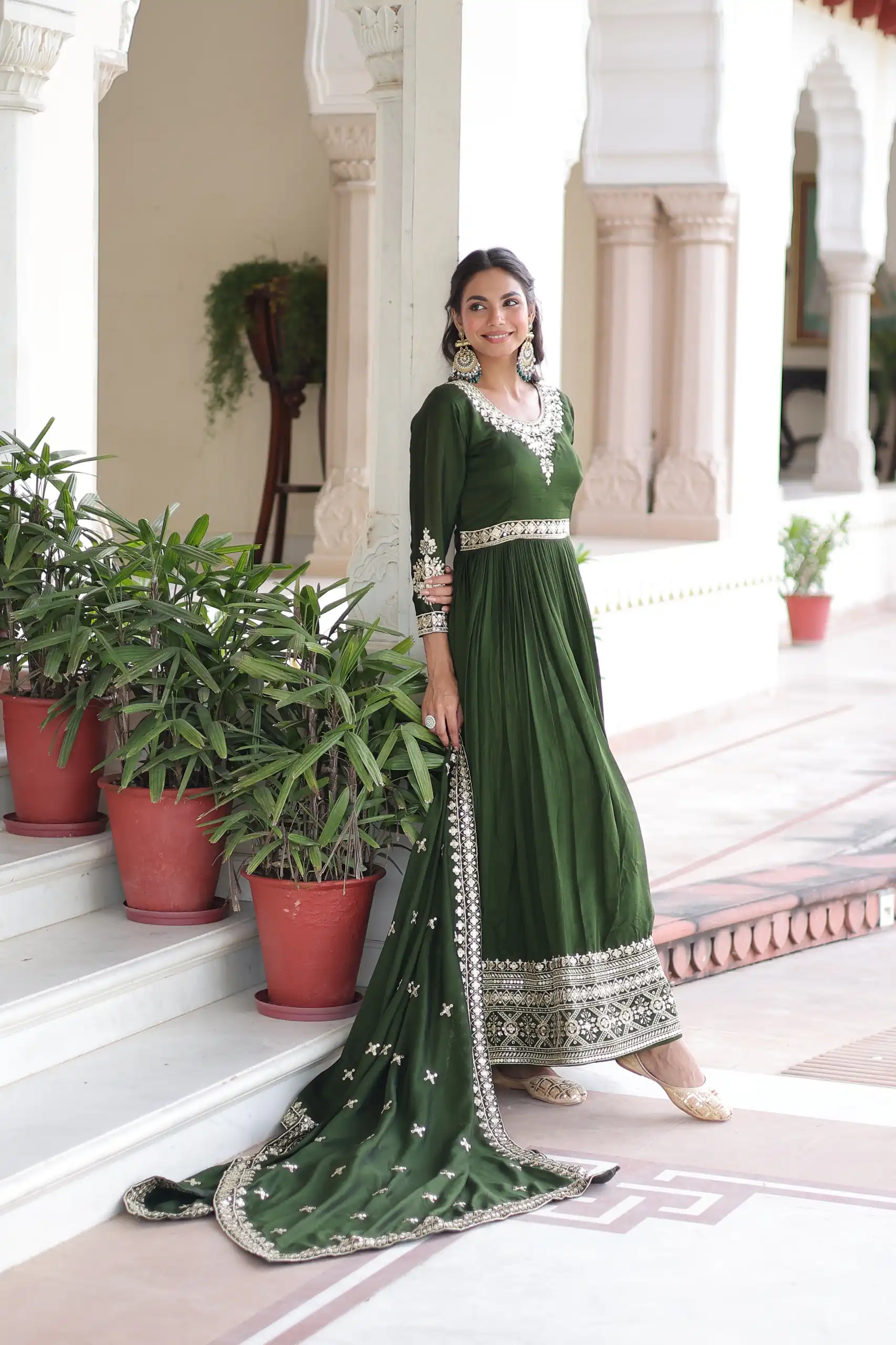 Green Vichitra Silk Embroidery Sequins Work Gown | Gowns, Bollywood Gowns, Creative Gowns, Designer Gowns, Embroidered Gowns, Party Wear Gowns