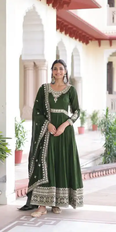 Green Vichitra Silk Embroidery Sequins Work Gown | Gowns, Bollywood Gowns, Creative Gowns, Designer Gowns, Embroidered Gowns, Party Wear Gowns