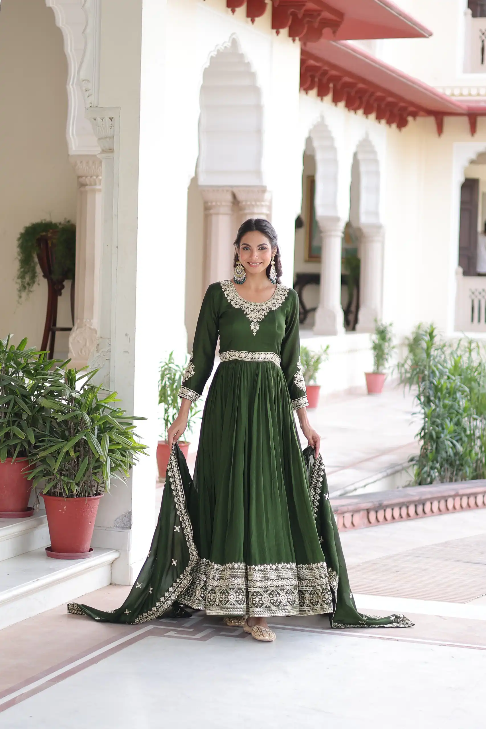 Green Vichitra Silk Embroidery Sequins Work Gown | Gowns, Bollywood Gowns, Creative Gowns, Designer Gowns, Embroidered Gowns, Party Wear Gowns