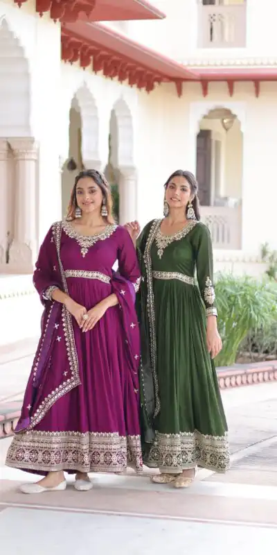 Green Vichitra Silk Embroidery Sequins Work Gown | Gowns, Bollywood Gowns, Creative Gowns, Designer Gowns, Embroidered Gowns, Party Wear Gowns