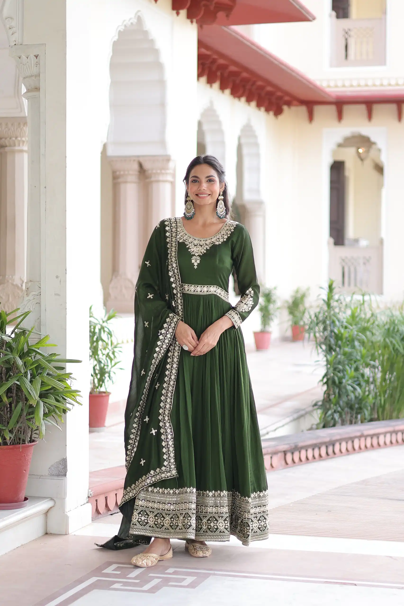 Green Vichitra Silk Embroidery Sequins Work Gown | Gowns, Bollywood Gowns, Creative Gowns, Designer Gowns, Embroidered Gowns, Party Wear Gowns