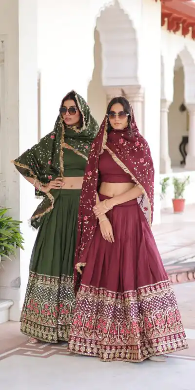 Green Vichitra Silk With Embroider Lehenga Choli | Lehenga, Bollywood Lehenga, Creative Lehenga, Designer Lehenga, Embroidered Lehenga, Party Wear Lehenga