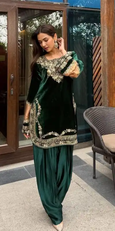 Green Viscose Velvet Thread Work Salwar Suit | Jump Suits, Salwar suit, Casual Suits, Creative suits, Designer Suits, Palazzo Suits, Party Wear Suits, Patiala Suits, Straight Suits