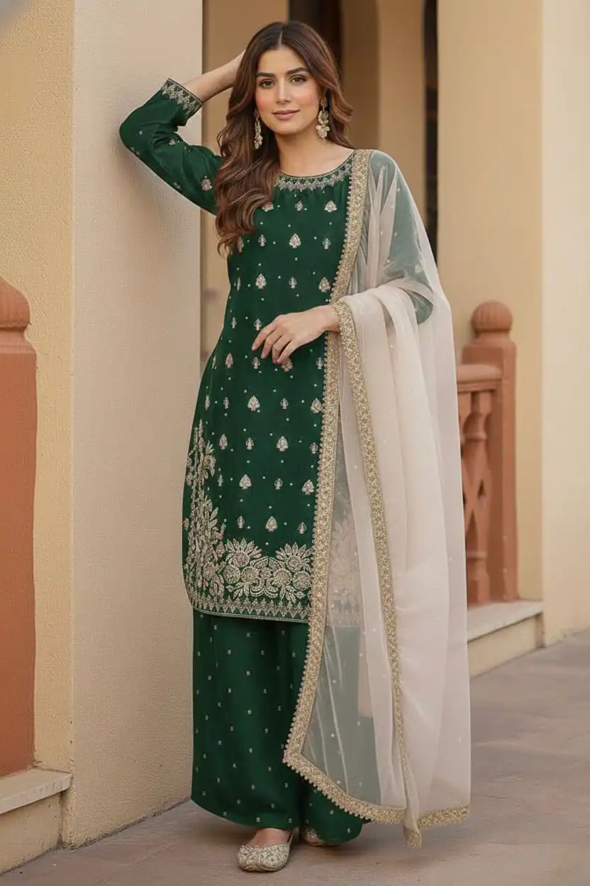 Green Zimmy Silk Embroider Work Salwar Suit | Jump Suits, Salwar suit, Casual Suits, Creative suits, Designer Suits, Palazzo Suits, Party Wear Suits, Patiala Suits, Straight Suits